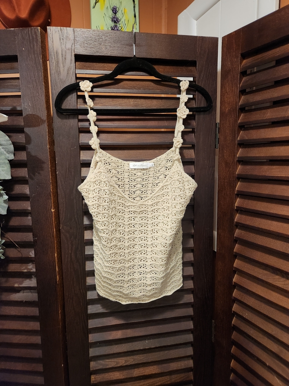 All in Favor Cream Crochet Knit Cami with Floral Straps